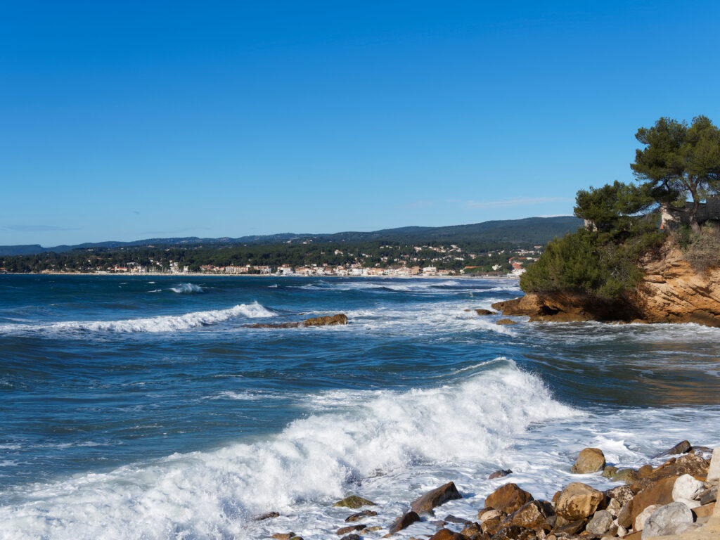 View on bay of Lecques and plage du Liouquet from Les Lecques sandy beach and Saint-Cyr-Sur-Mer in Provence. French Rivera